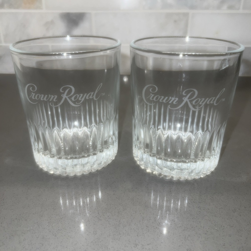 Vintage CROWN ROYAL Embossed-Bottom Round Rocks Etched Whiskey Glass (set of 2)